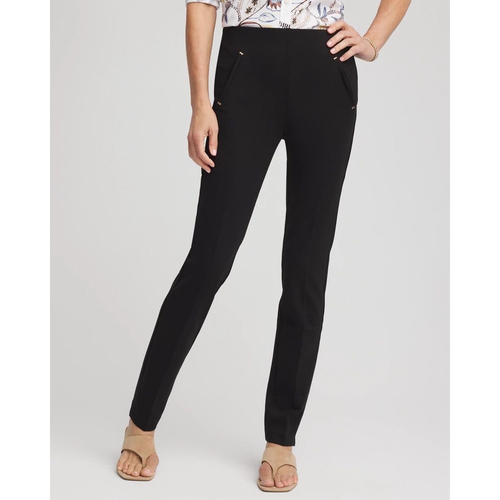 Chicos So Slimming Juliet Slim Leg Pants Black Gold Hardware‎ Size 2R US 12R NEW